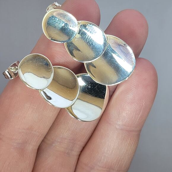 Sterling Silver Coin Drop Earrings 1.5 Inch Modern Polished Dangle - Picture 3 of 10